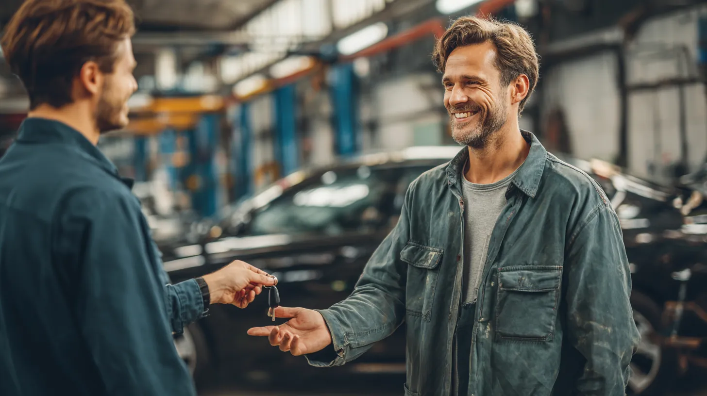Mechanic handing car keys to a smiling driver in his 40s in a clean auto repair shop after a repair paid with a $1,000 loan