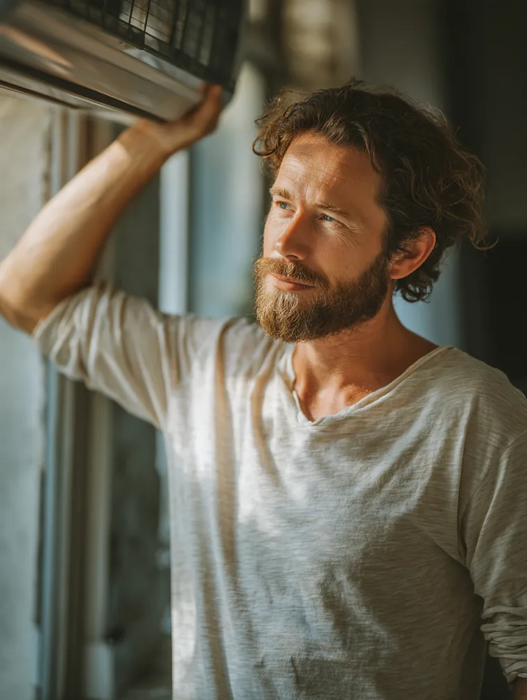 Man in his 30s installing a new window air conditioner in his apartment