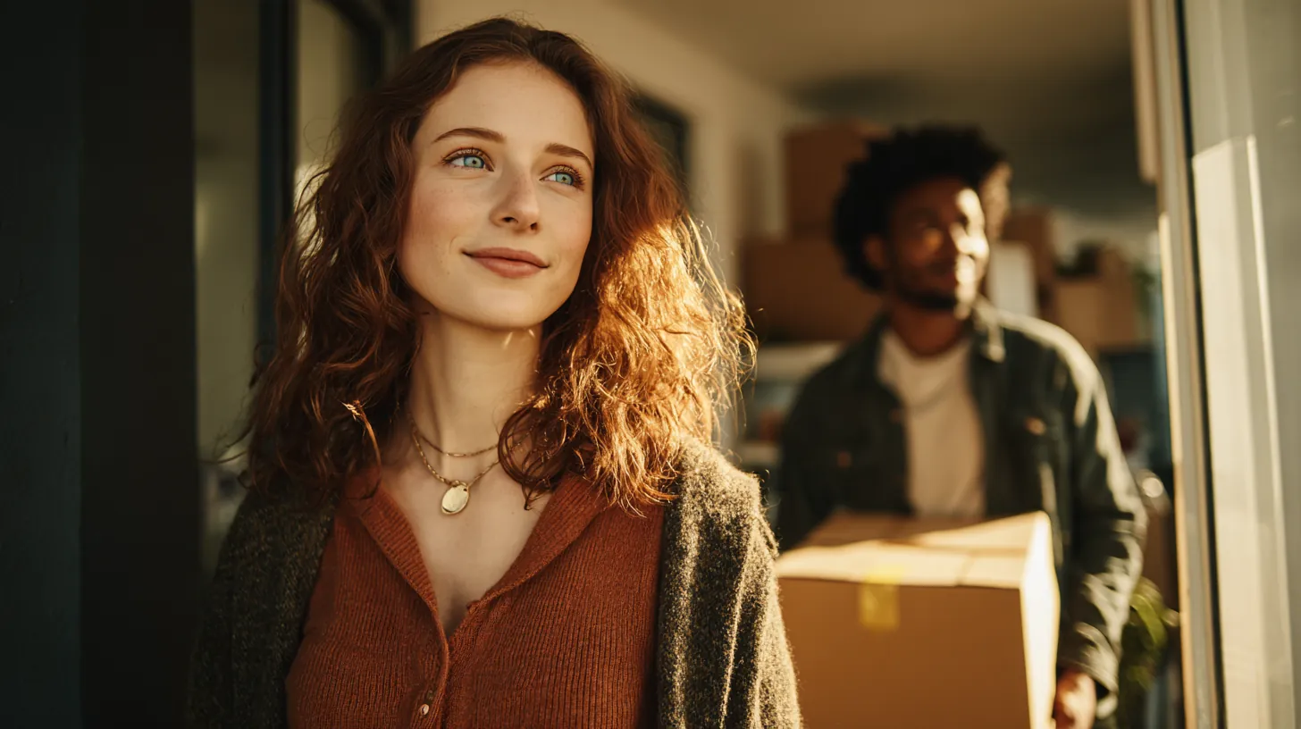 Young couple carrying moving boxes into a sunny new apartment, a move a $1,500 loan can help fund