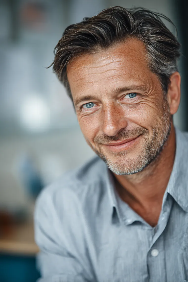 Smiling man in his 50s after a dental visit in a modern dental office