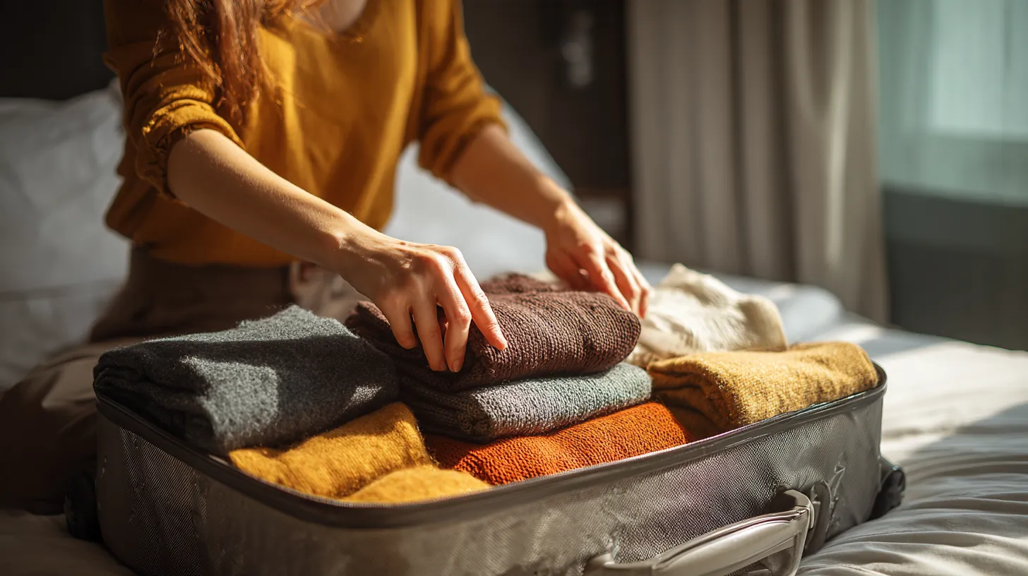 Hands packing folded clothes into an open carry-on suitcase on a bed before a family trip paid for with a $2,000 loan