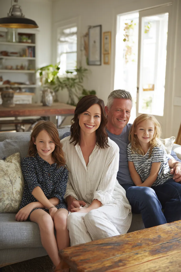 A family relaxing together in their freshly repaired, sunlit living room