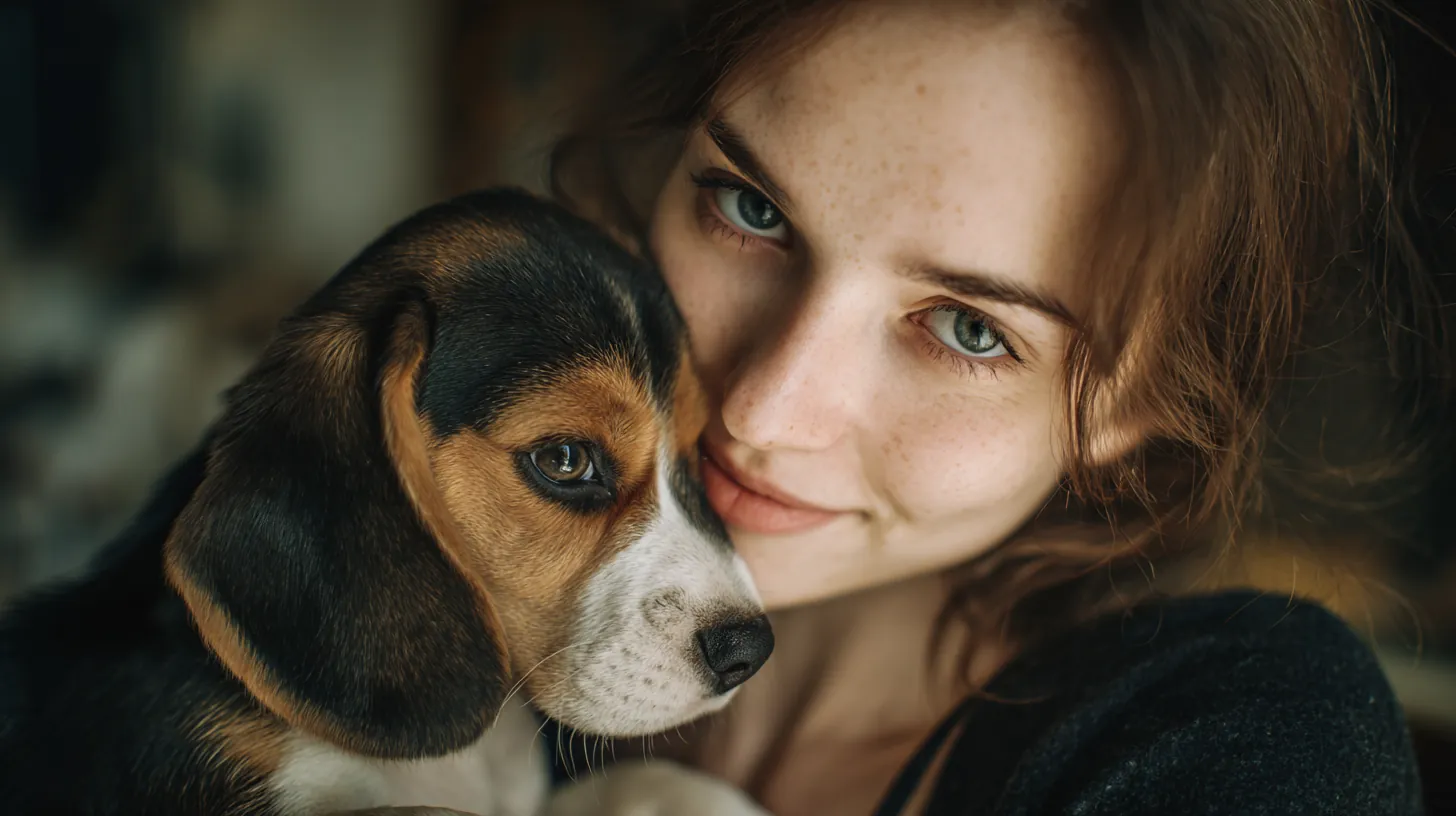 Young woman cuddling her beagle puppy after a vet visit, the kind of bill a $500 loan often covers