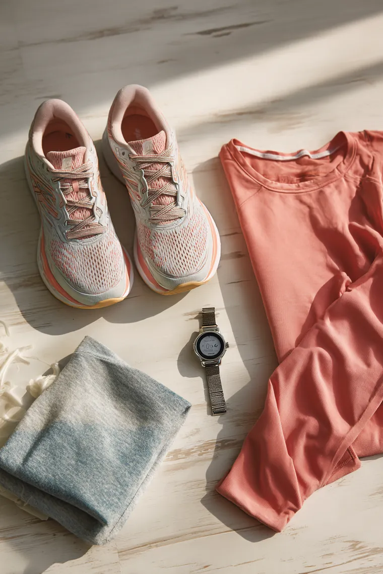 New running shoes, a sports watch and a folded running shirt laid out on a pale wood floor