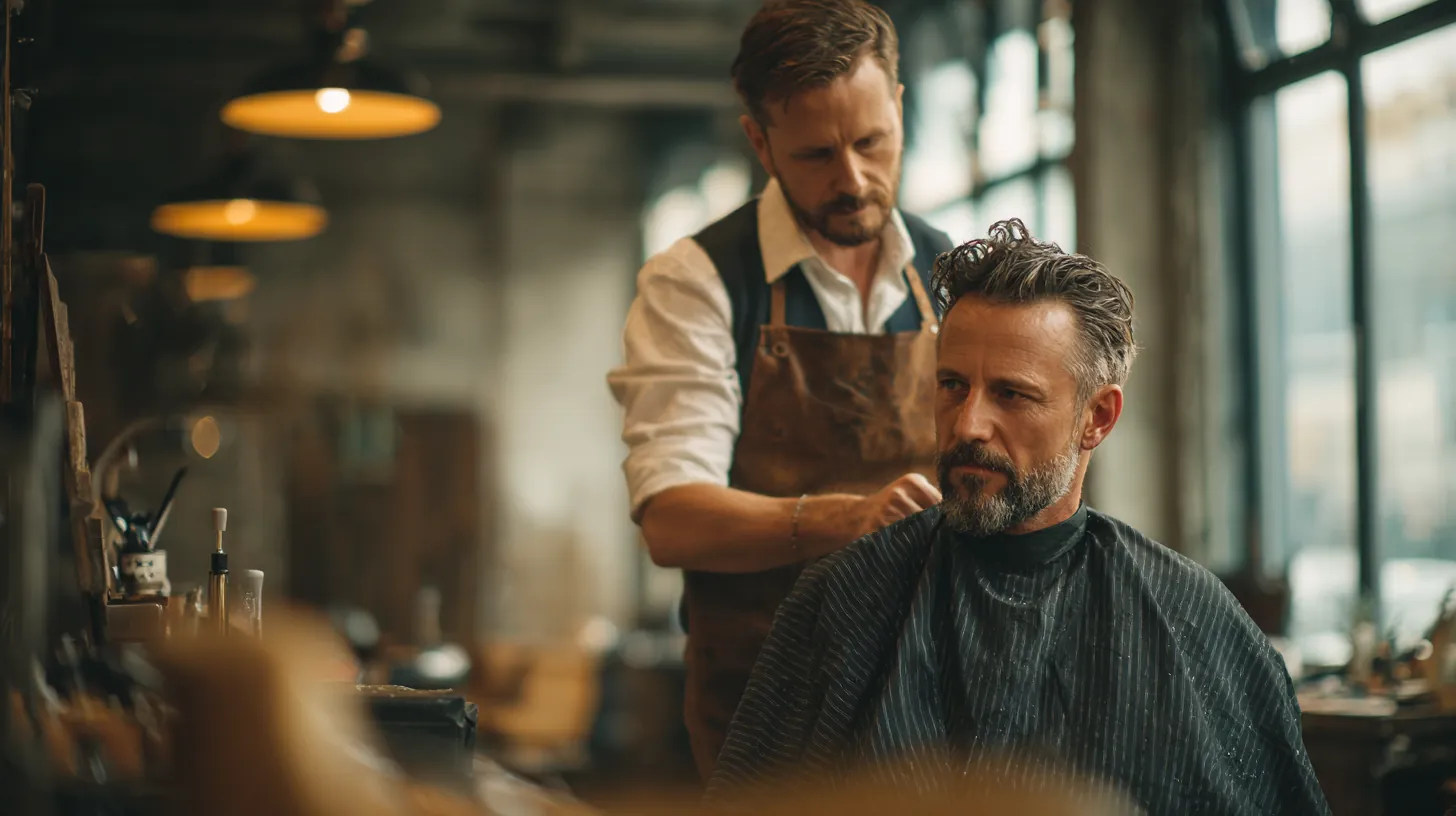 A barber in his 30s cutting a client's hair in his newly opened modern barbershop, equipped with help from a $5,000 loan