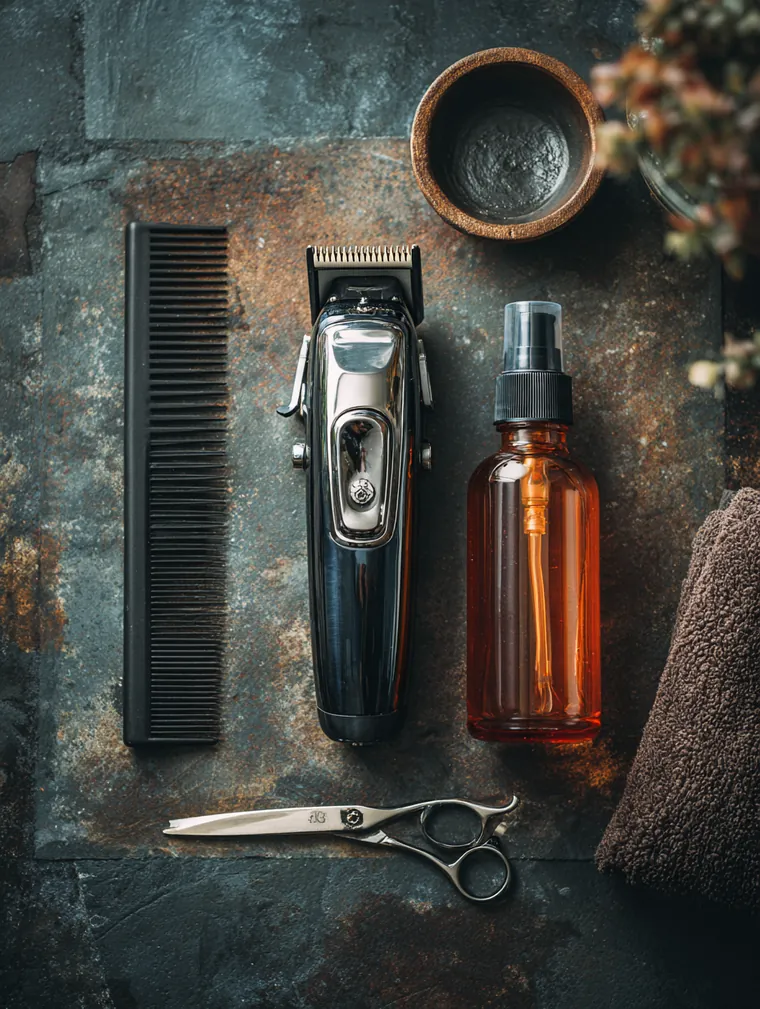 Top-down view of professional hair clippers, combs and a spray bottle laid out on a matte black counter