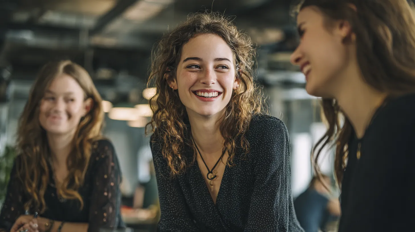Three coworkers laughing together around a standing table in a bright modern office