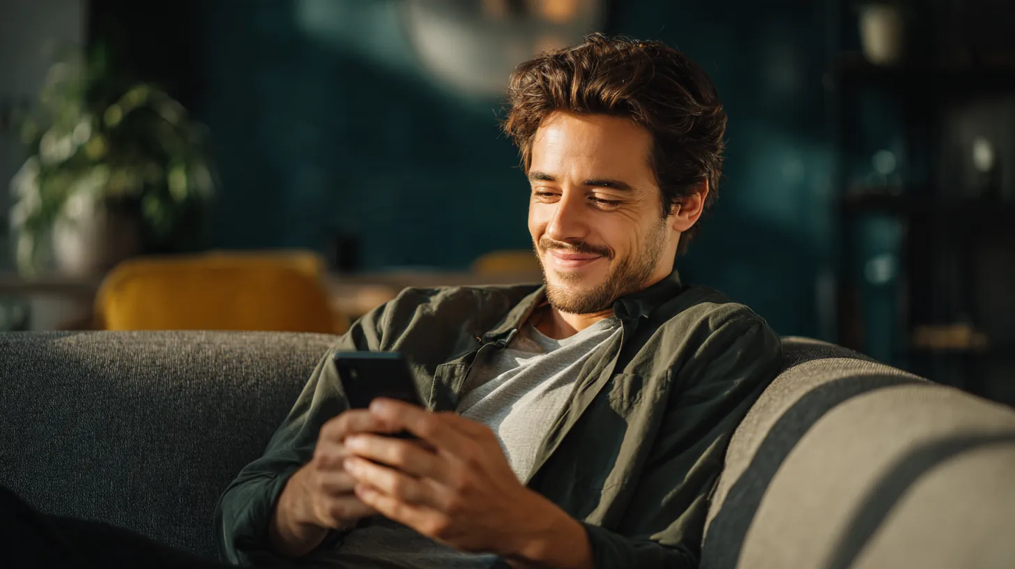 Man in his 30s smiling as he looks up from his smartphone on a sofa after submitting a rise credit loan request