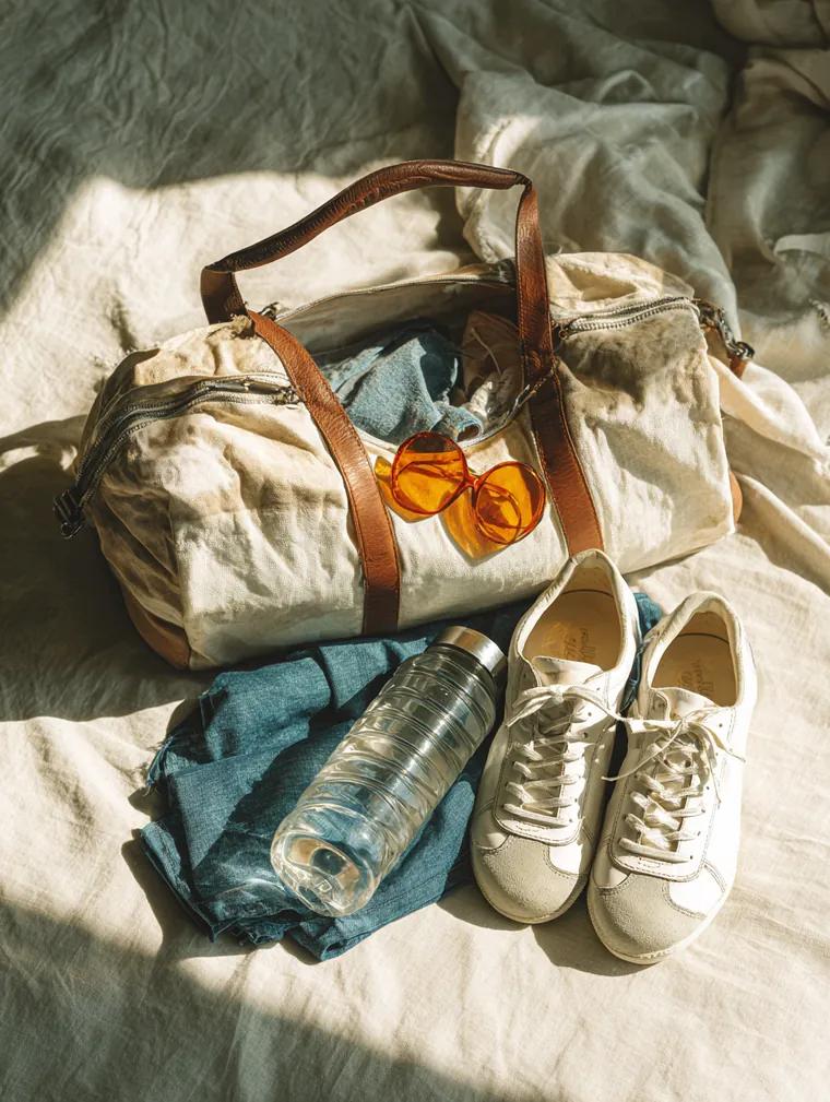 Neatly packed weekend duffel bag with white sneakers, sunglasses and a water bottle on a linen bedspread, ready for plans a personal loan helped cover