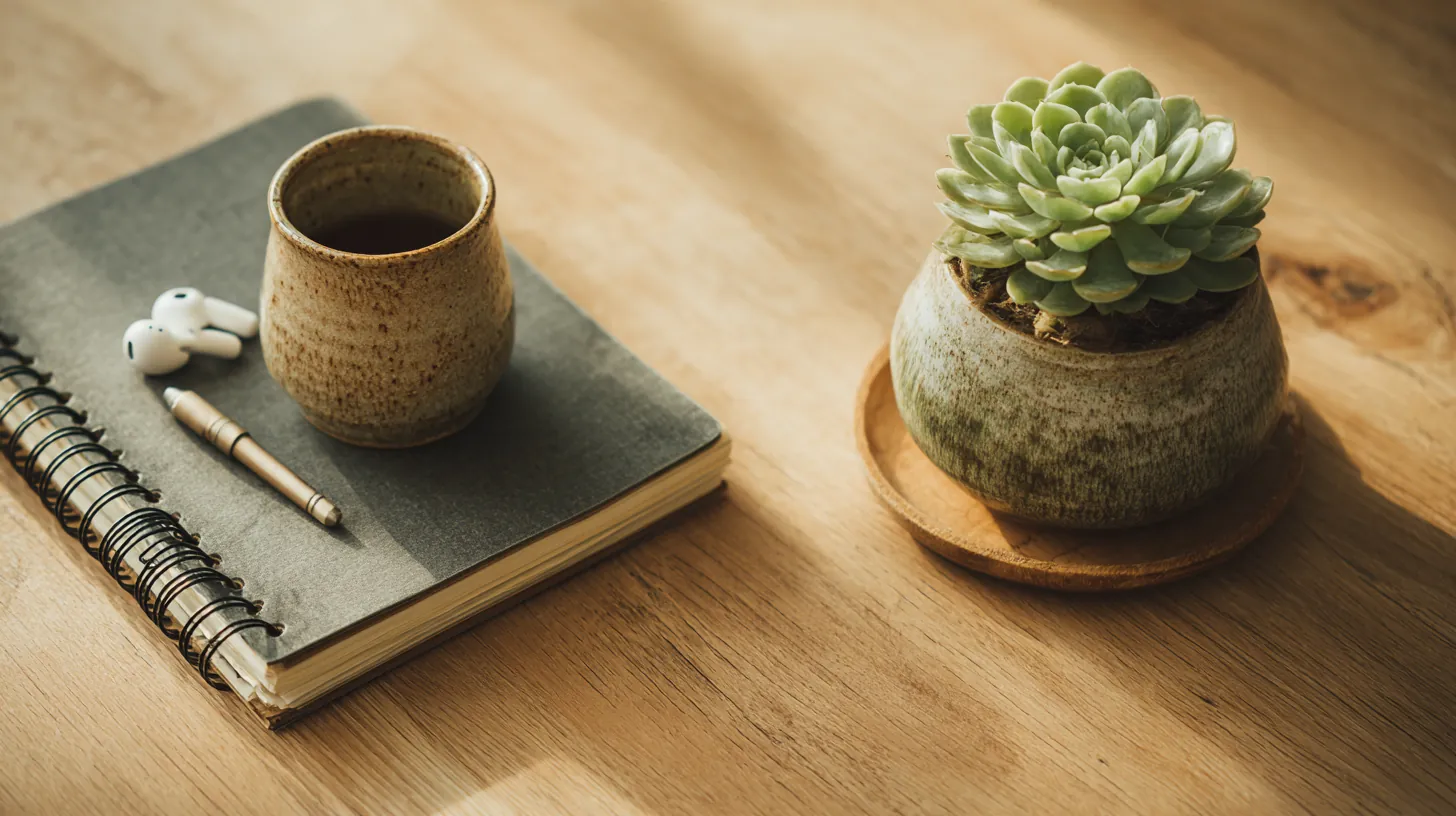 Open notebook, wireless earbuds, a small succulent and a ceramic cup on a light oak table, set up for reading rise credit guides