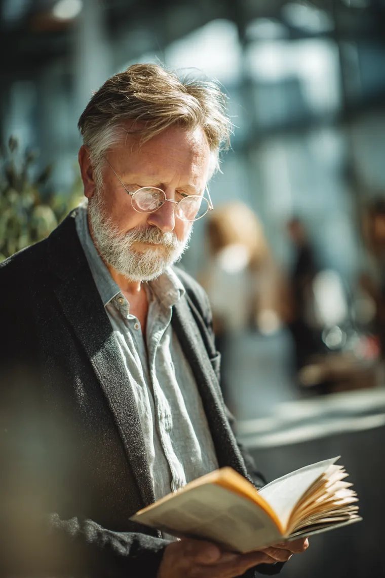 Man in his 60s reading a paperback in a sunlit modern public library