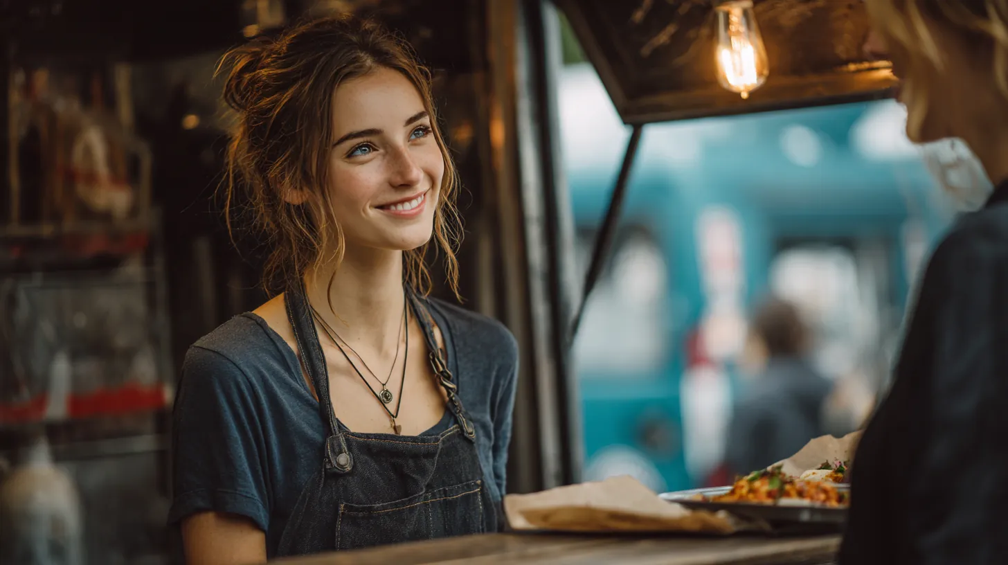 Food truck owner serving tacos to a customer on a busy street, the kind of side business that might weigh a small rise credit loan