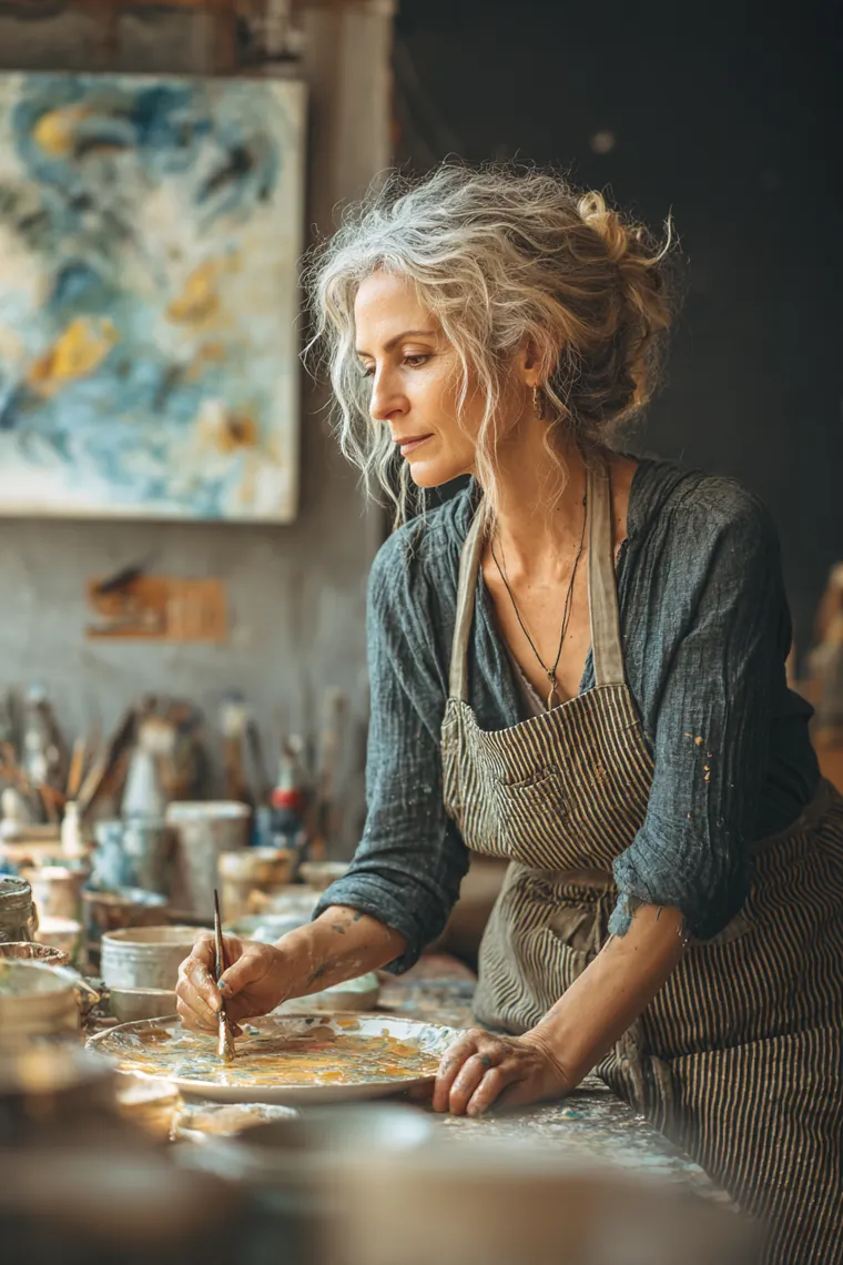 Ceramicist in her 50s glazing pottery in her bright studio surrounded by finished pieces
