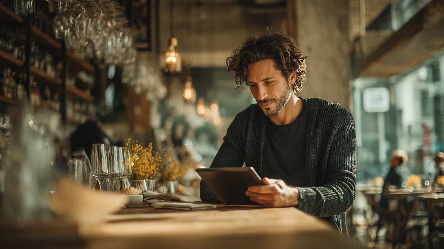 Young man at a cafe counter reviewing lender options on a tablet while comparing rise credit alternatives