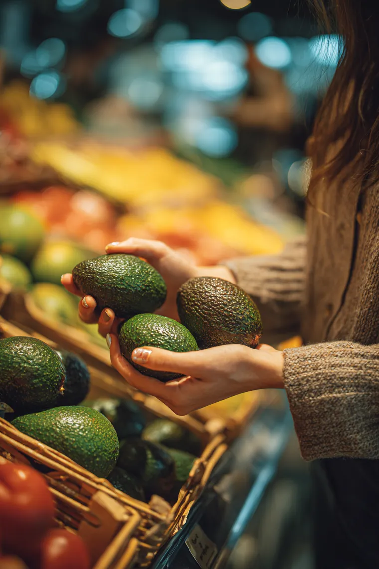 Hands choosing between two ripe avocados in a bright grocery store, a reminder to compare options carefully