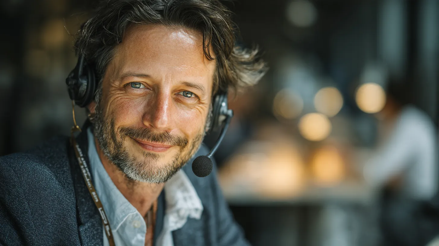 Smiling support agent in his 40s wearing a headset, ready to answer a call