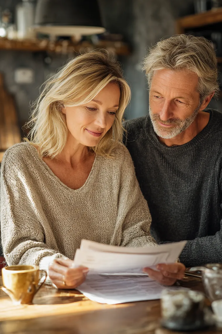 Couple in their 50s calmly sorting a folder of bills at their kitchen table while comparing balance transfer offers