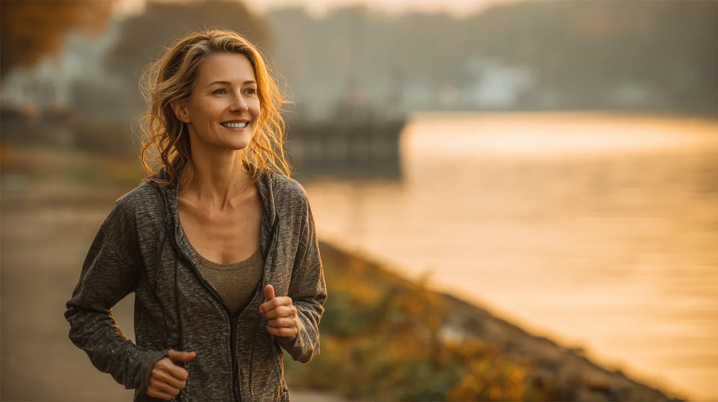 Woman in her 40s jogs along a riverside trail at sunrise with a relieved smile after simplifying her bills with a rise credit consolidation plan