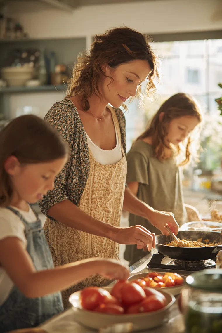 Family cooks dinner together in a bright modern kitchen