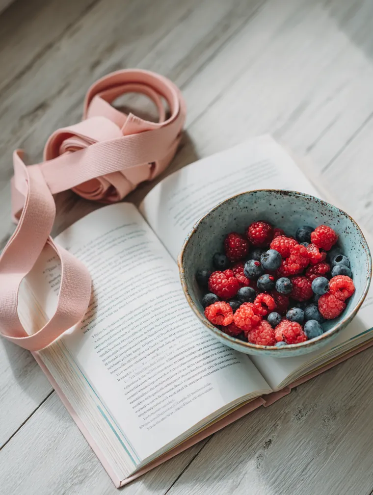 Top-down flat lay of a fitness journal, a resistance band and a bowl of fresh berries on a white floor