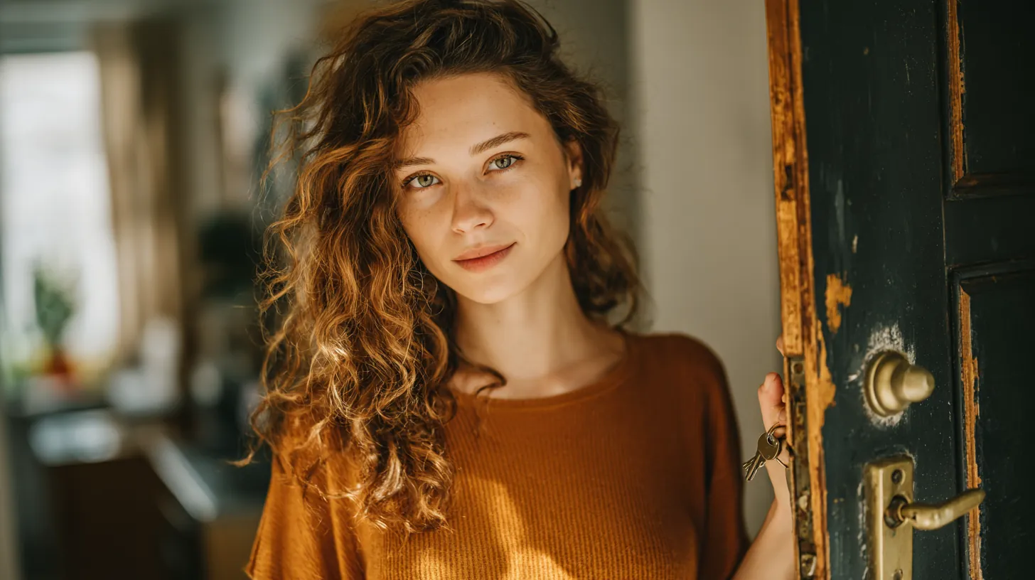Woman in her 20s unlocking the door of her first apartment, the kind of milestone that meeting rise credit requirements can help with