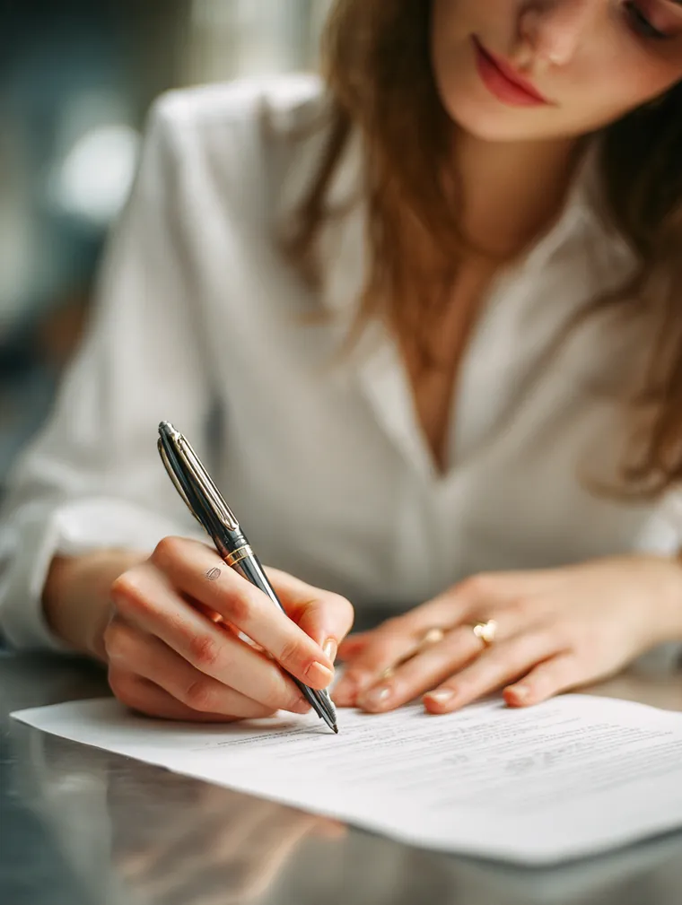 Hands signing a lease document with a sleek pen on a white kitchen counter, proof of address for a personal loan application