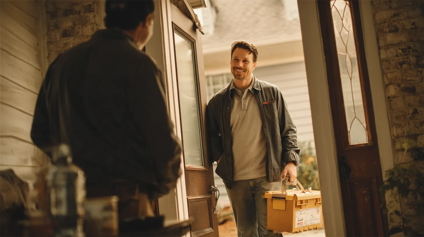 Plumber in his 30s arrives with a toolbox at a suburban home as the homeowner greets him, an urgent repair a rise credit emergency loan can help cover