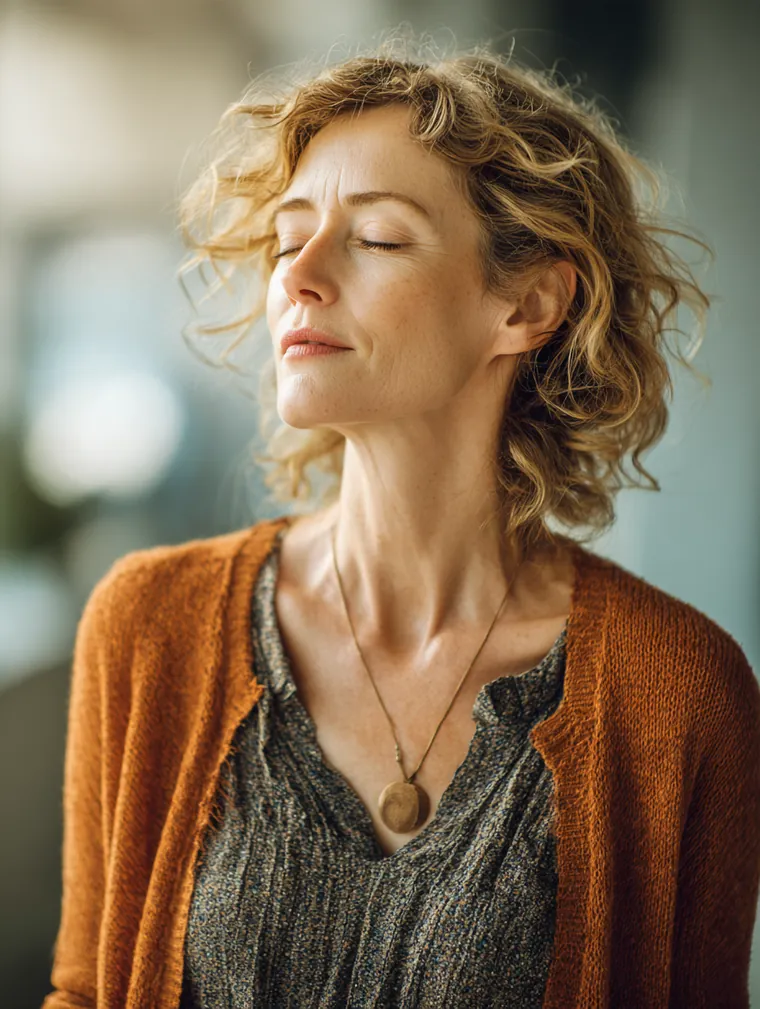 Woman in her 50s exhales with relief in a modern urgent care waiting room