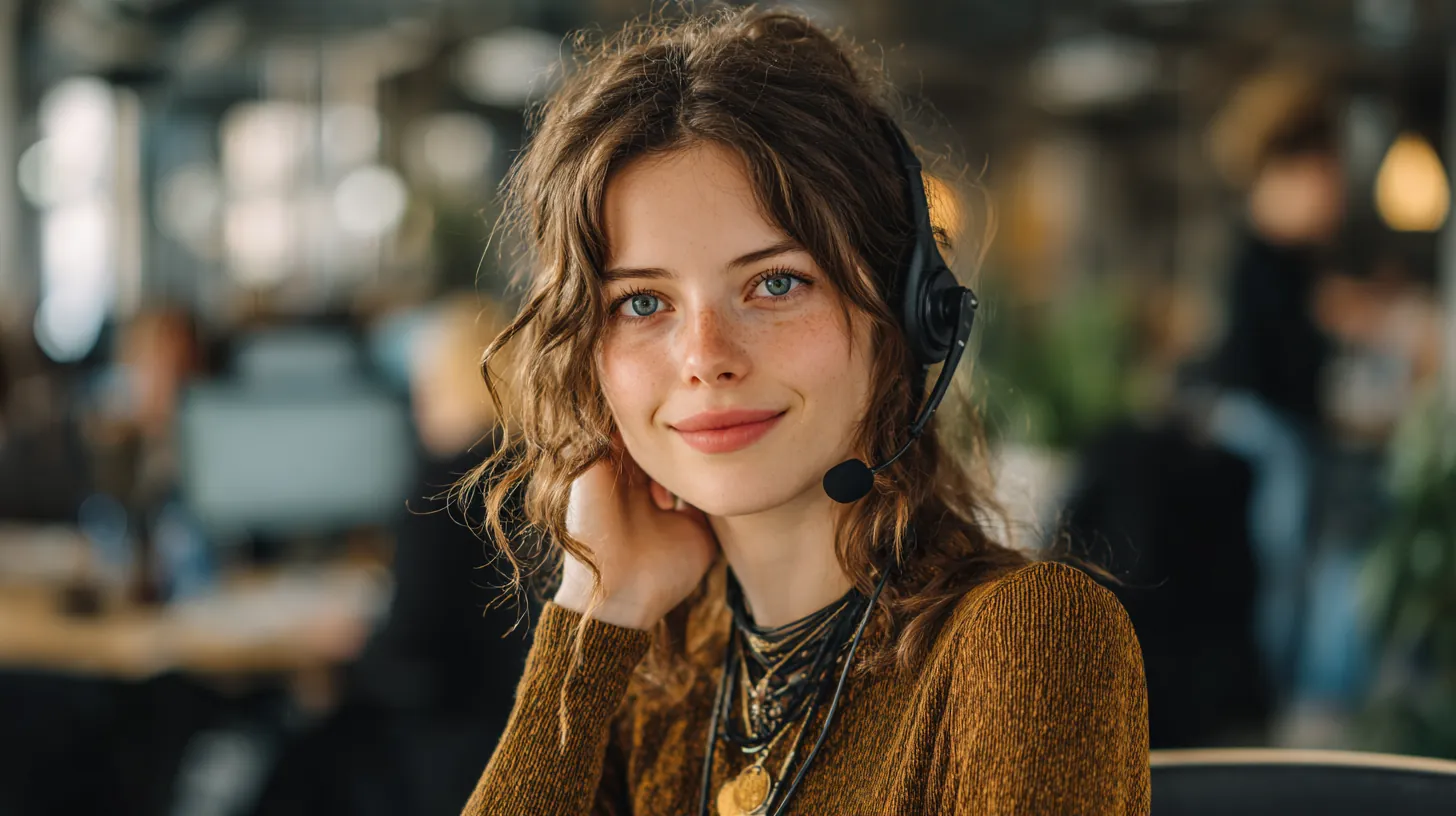 Friendly customer support specialist wearing a headset in a bright open office, ready to answer rise credit questions
