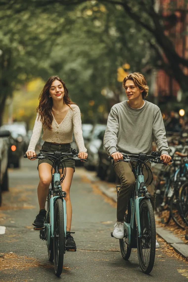 Two young friends riding e-bikes side by side down a tree-lined city bike lane, moving ahead with a clear repayment plan