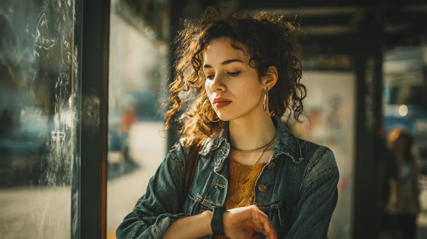 Young woman checking her smartwatch at a modern bus stop while waiting on a rise credit personal loan deposit