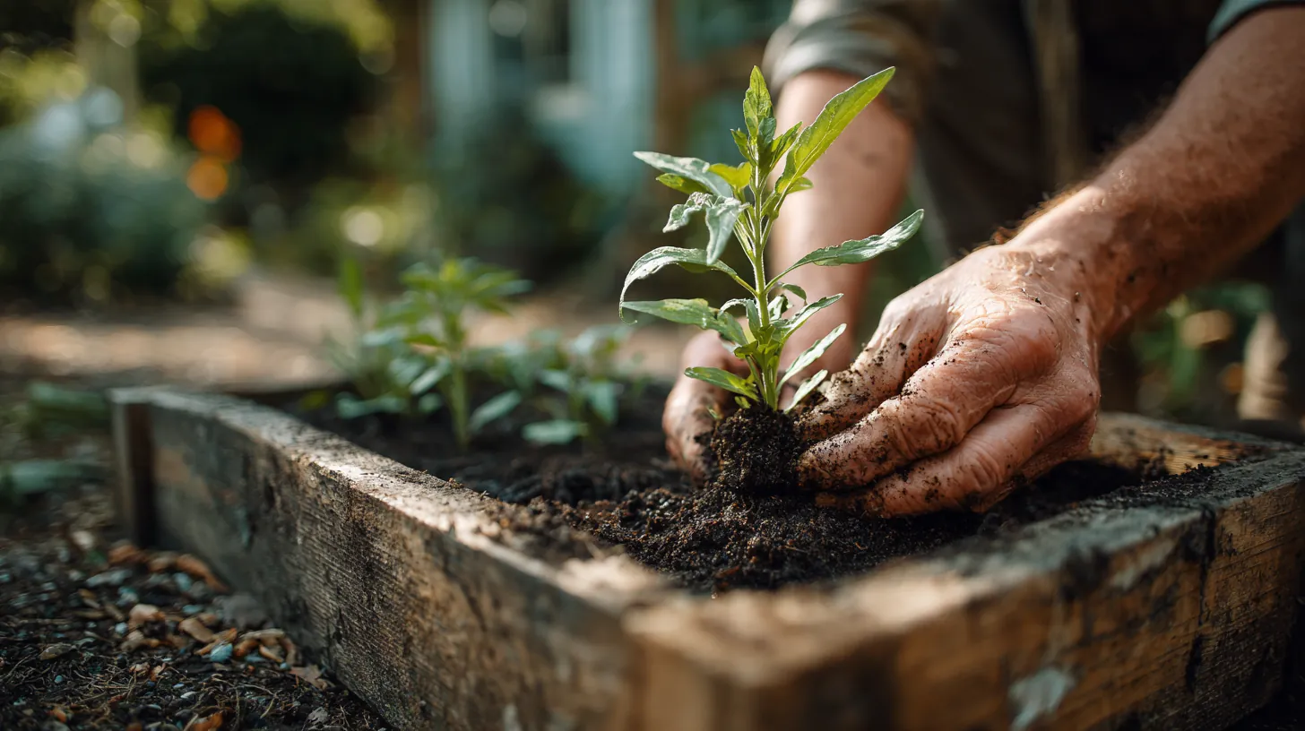 Close-up of hands planting a small seedling in a raised garden bed