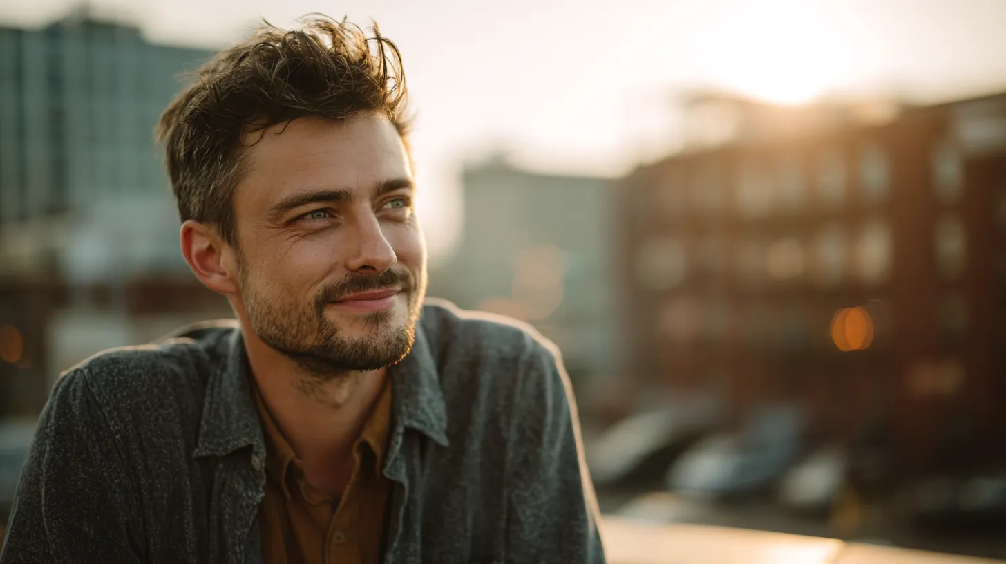 Man in his 30s with a thoughtful smile on a sunny rooftop, weighing rise credit options