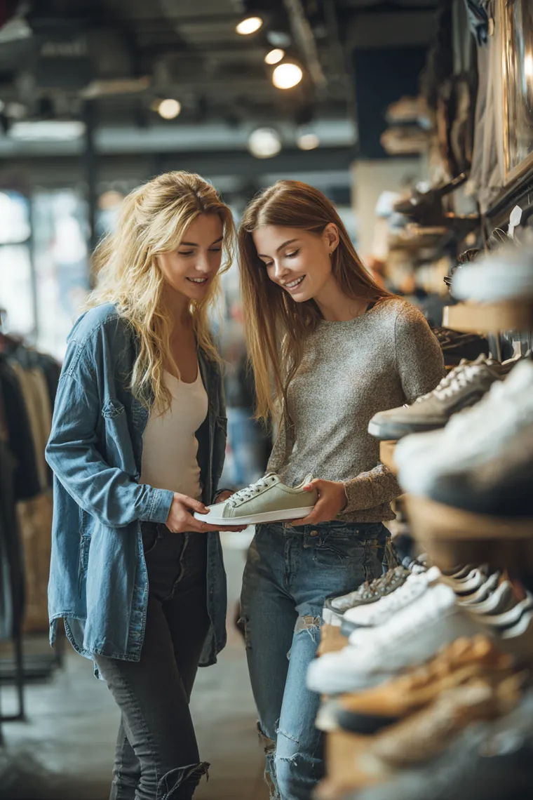Two friends in their 20s comparing sneakers side by side in a modern shoe store