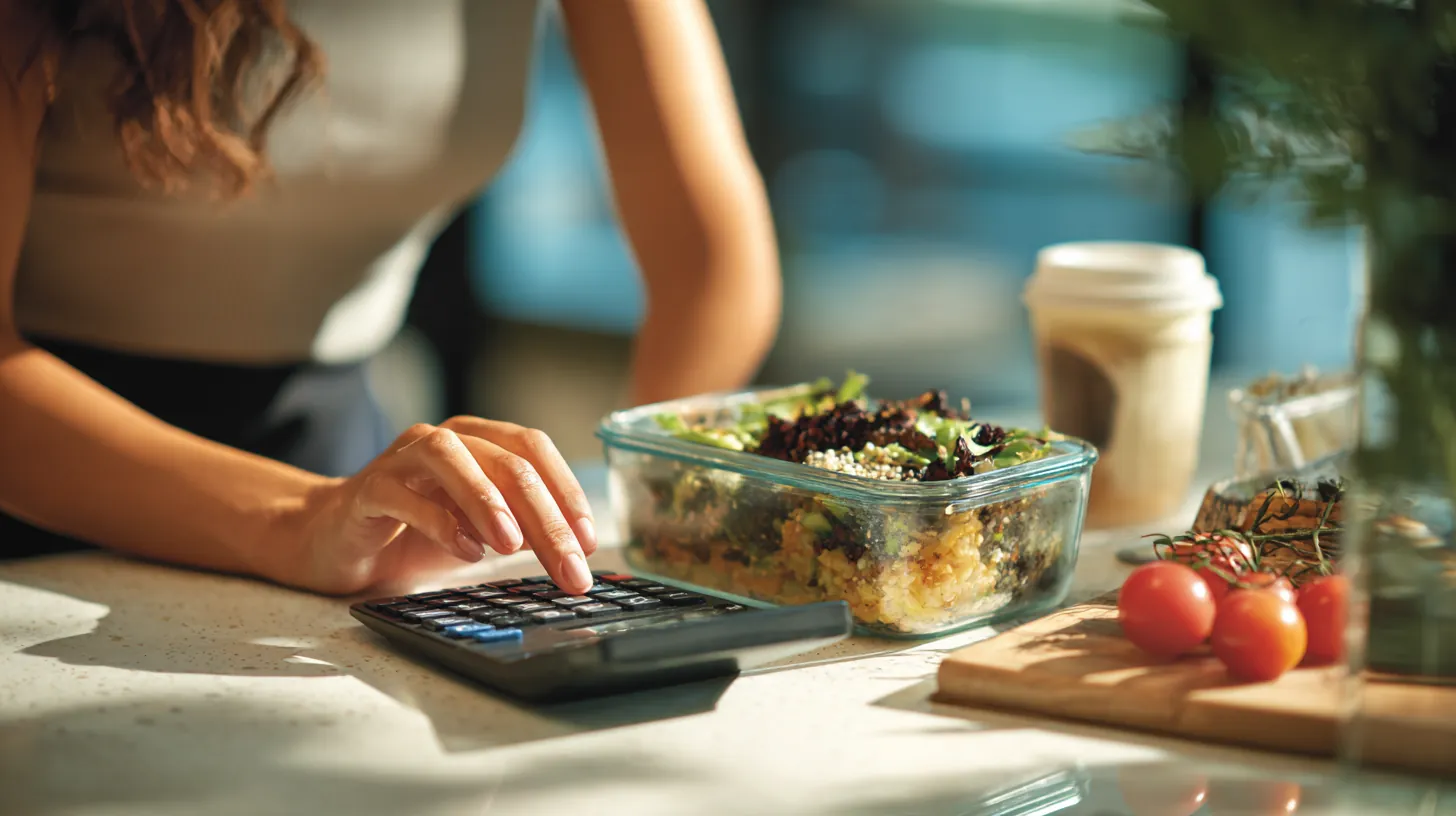 Hands tapping a modern calculator beside a meal-prep container on a white kitchen counter while estimating rise credit payments
