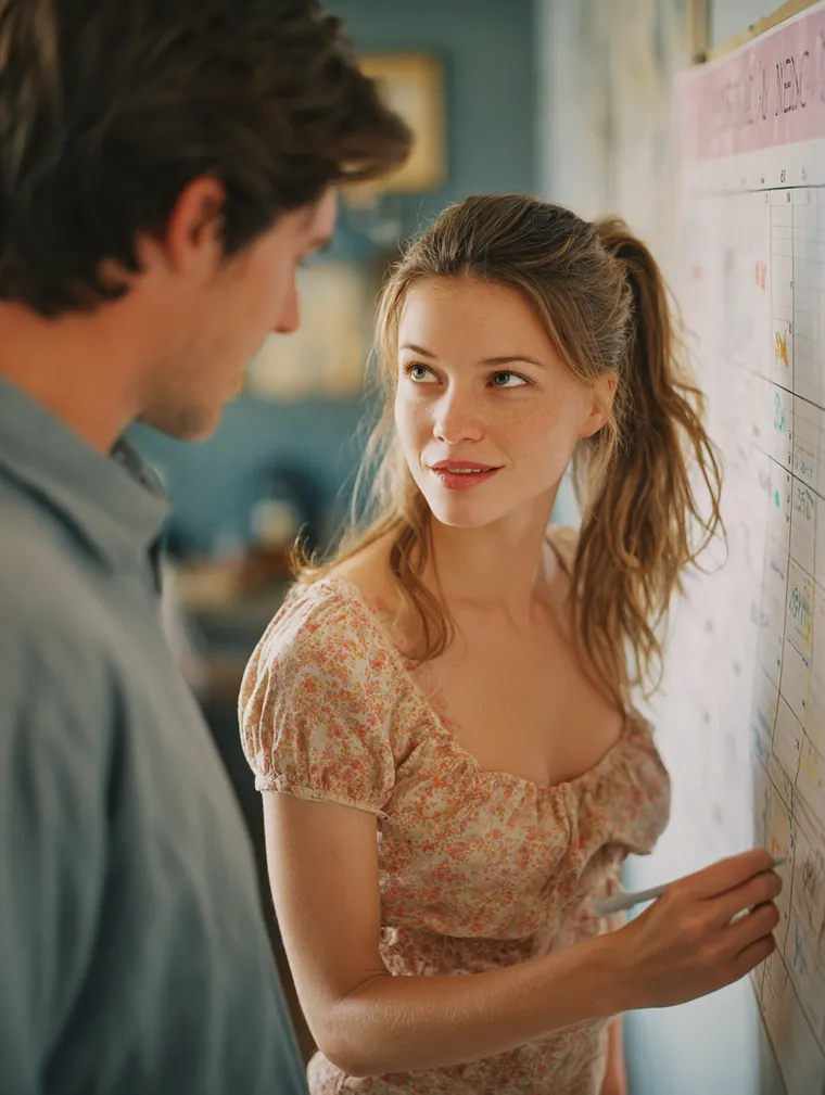 Couple in their 30s marking loan payment due dates on a large wall calendar in their living room