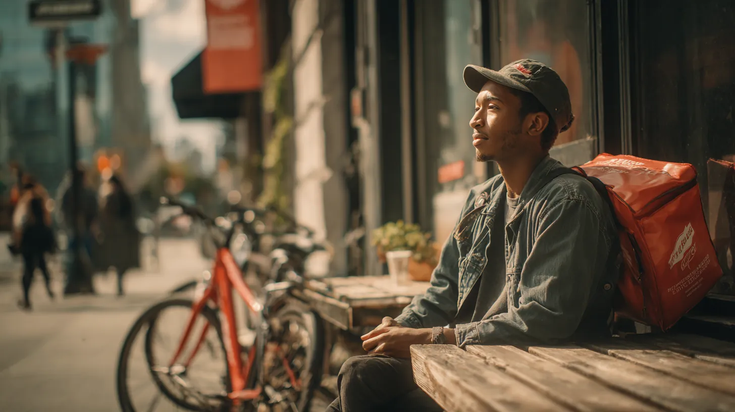Delivery rider in his 20s resting on a city bench while weighing rise credit options for a short cash gap