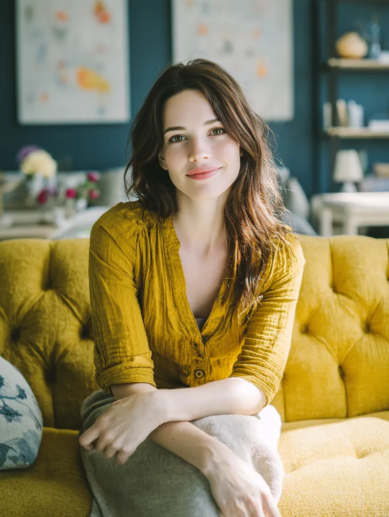 Woman in her 30s trying out a new sofa in a bright furniture showroom before deciding how to pay
