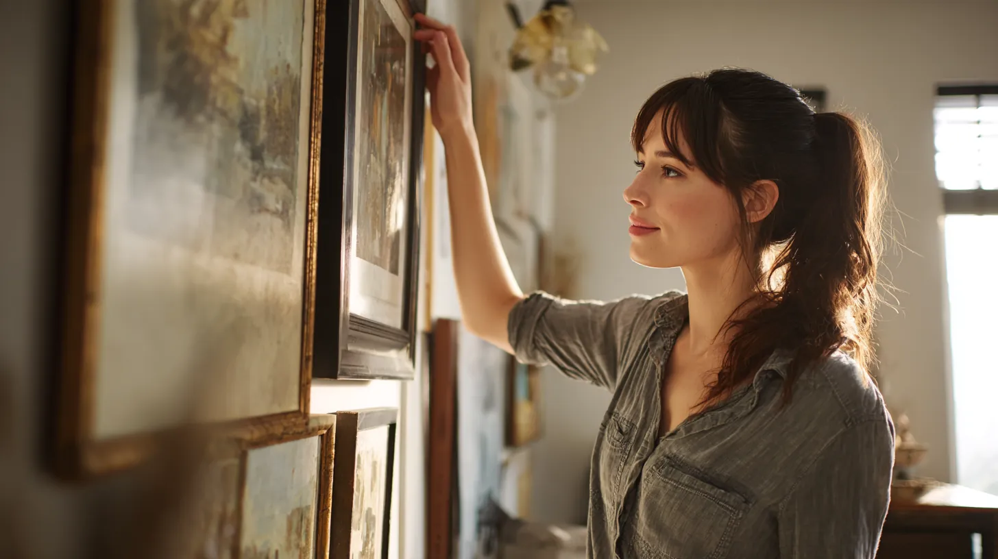 Woman in her 30s hangs a framed print in her freshly painted living room, a home refresh some people fund with a rise credit-style personal loan