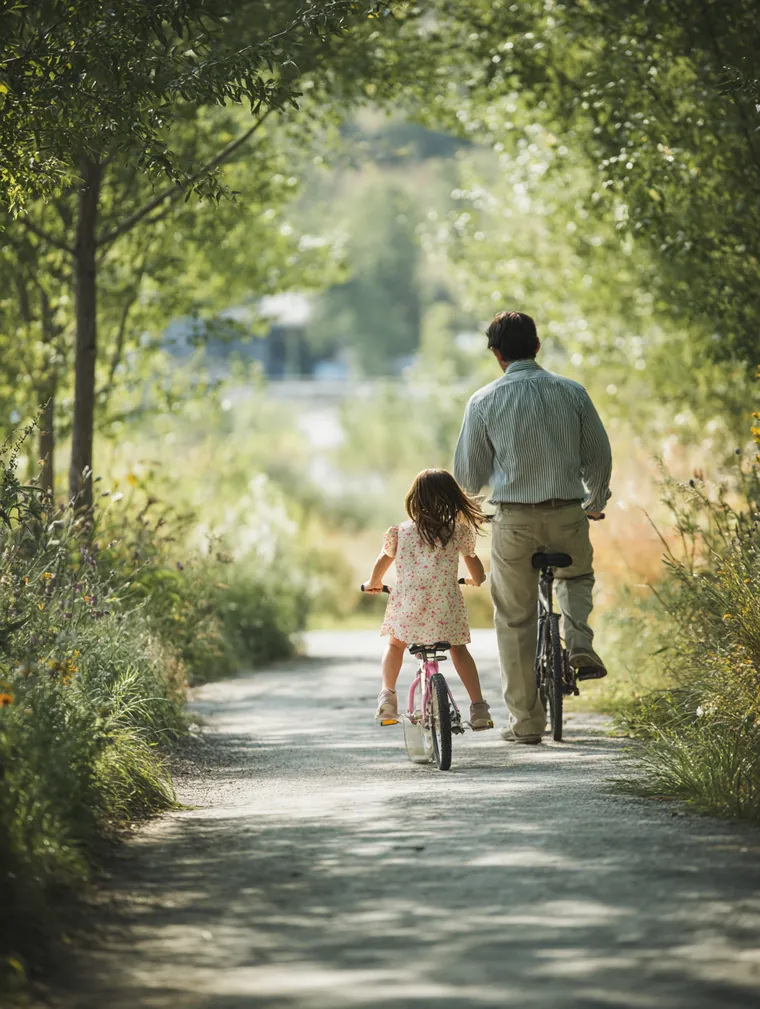 Father teaches his young daughter to ride a bike along a sunny park path