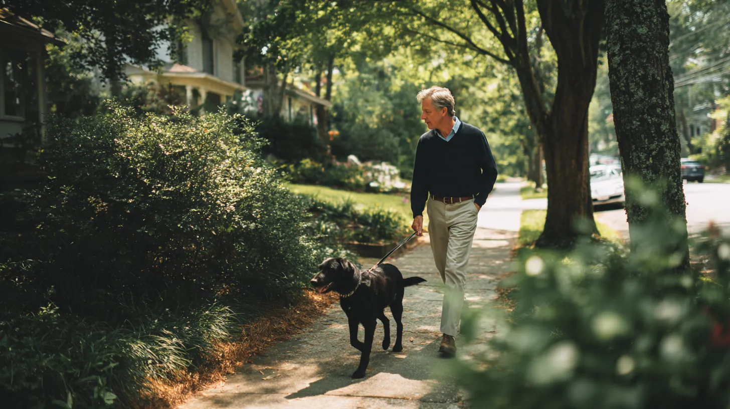 Man in his 50s walking his labrador along a leafy suburban sidewalk, calm after setting up a rise credit repayment plan