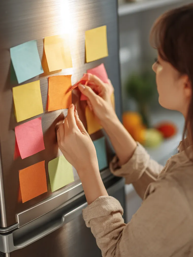 Hands placing colorful sticky notes on a modern fridge door to track loan payment dates