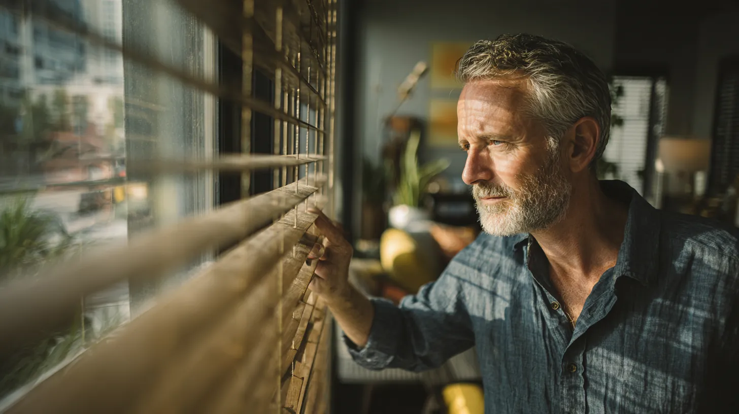 Man in his 60s closing the blinds in his modern living room