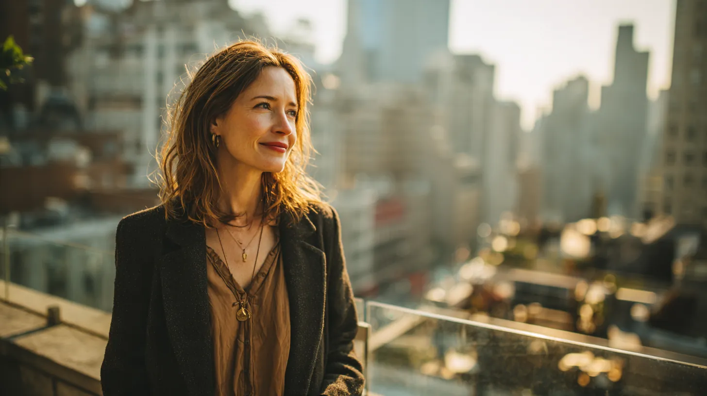 Woman in her 40s on a rooftop terrace overlooking the city skyline in morning light, thinking through rise credit rates