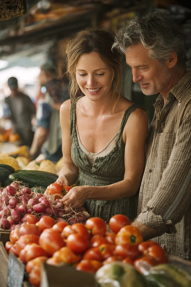 Couple in their 50s buying fresh produce at a busy farmers market, keeping their budget steady while repaying a personal loan