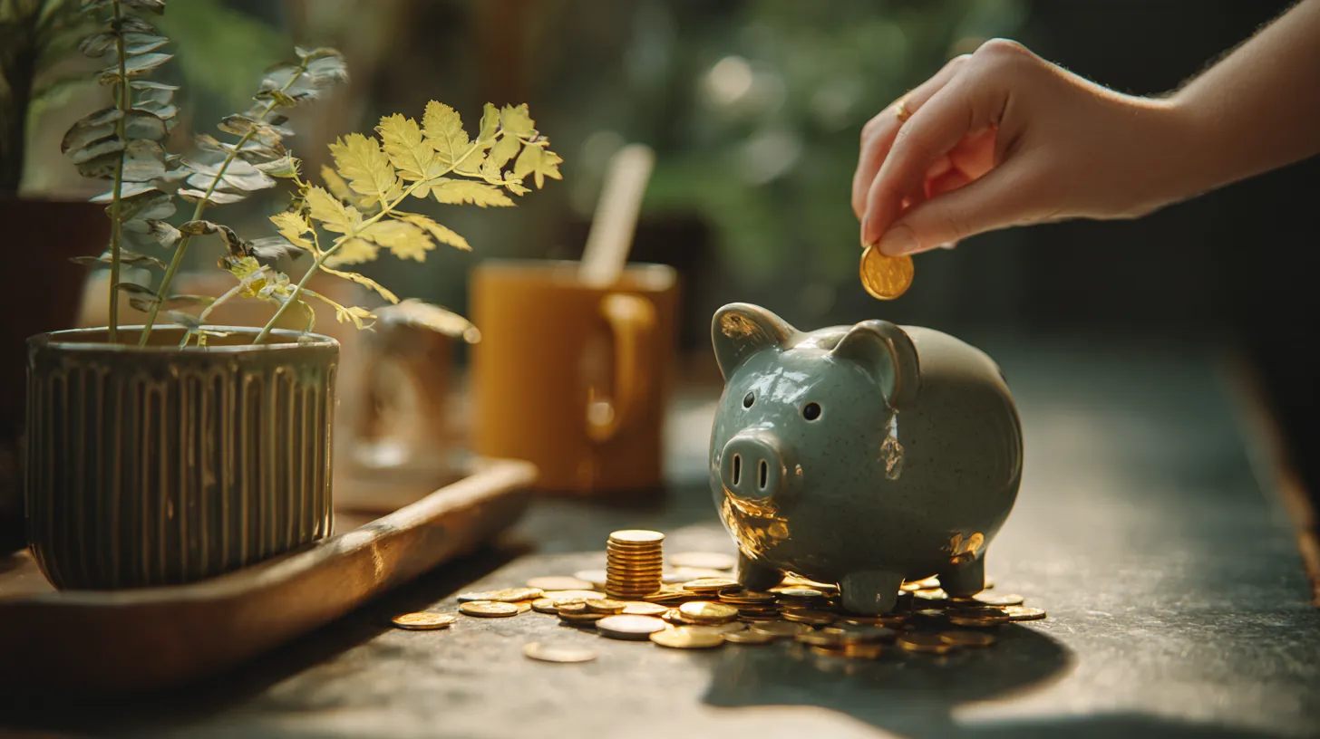 Hand dropping coins into a matte ceramic piggy bank on a kitchen shelf, rebuilding savings after a rise credit loan
