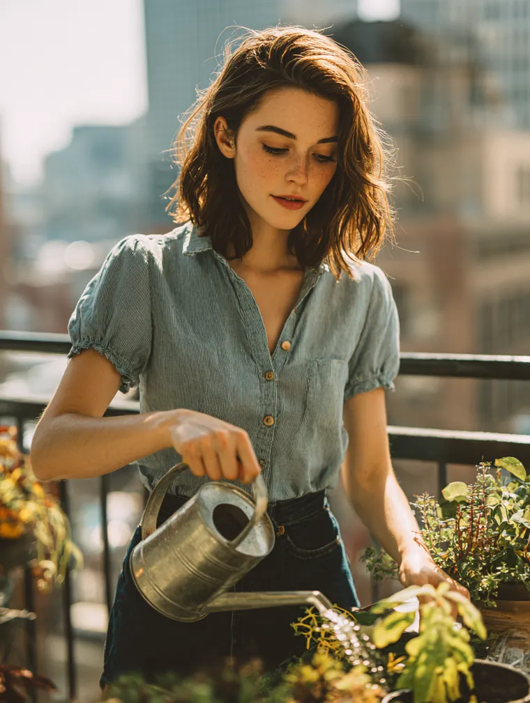 Woman in her 20s watering plants in her apartment balcony garden, a picture of slow and steady growth
