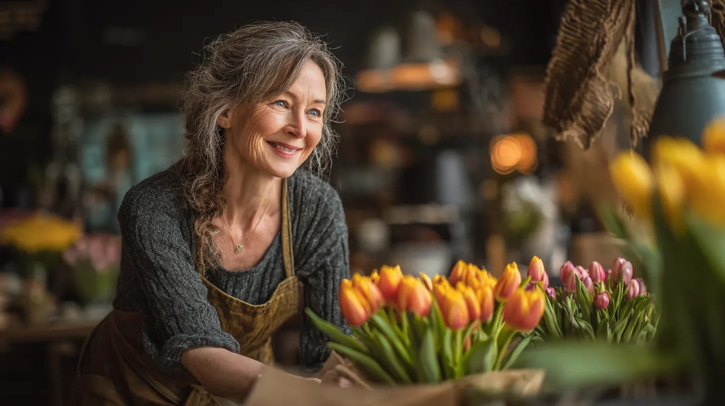 Flower shop owner in her 50s arranging fresh tulips with a warm smile, a small business owner sharing her rise credit experience