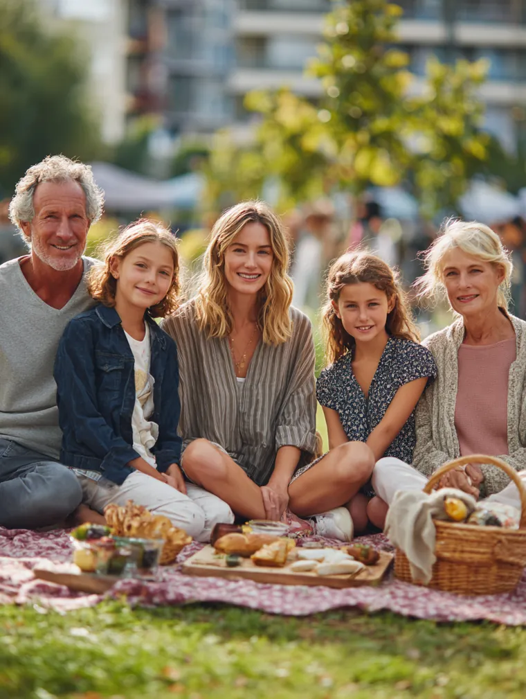 Multigenerational family enjoying a picnic on a green lawn in a modern city park