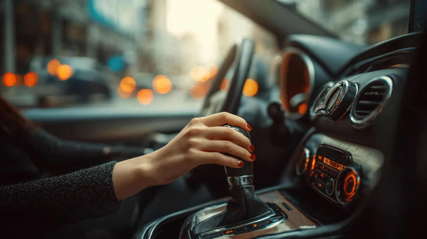 Hand on the gear shifter of a clean modern car, city blurred through the windshield, ready to move forward after a short-term rise credit loan